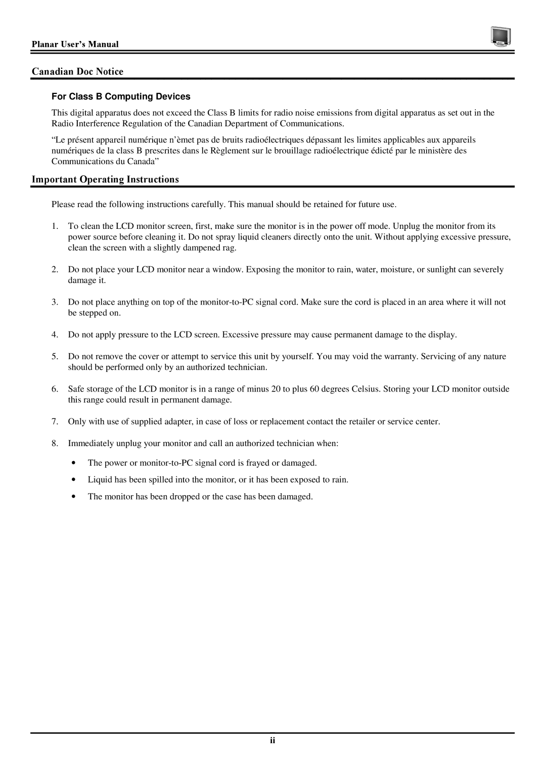 Planar CT1904Z manual Canadian Doc Notice, Important Operating Instructions, Planar User’s Manual 