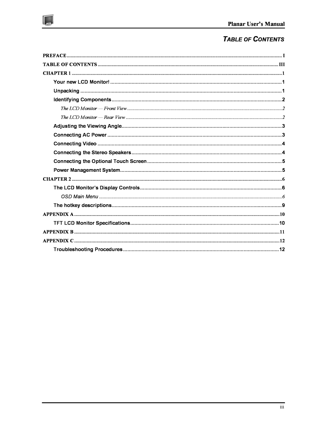 Planar CT1905S Planar User’s Manual, Table Of Contents, Preface, Chapter, The LCD Monitor - Front View, OSD Main Menu 