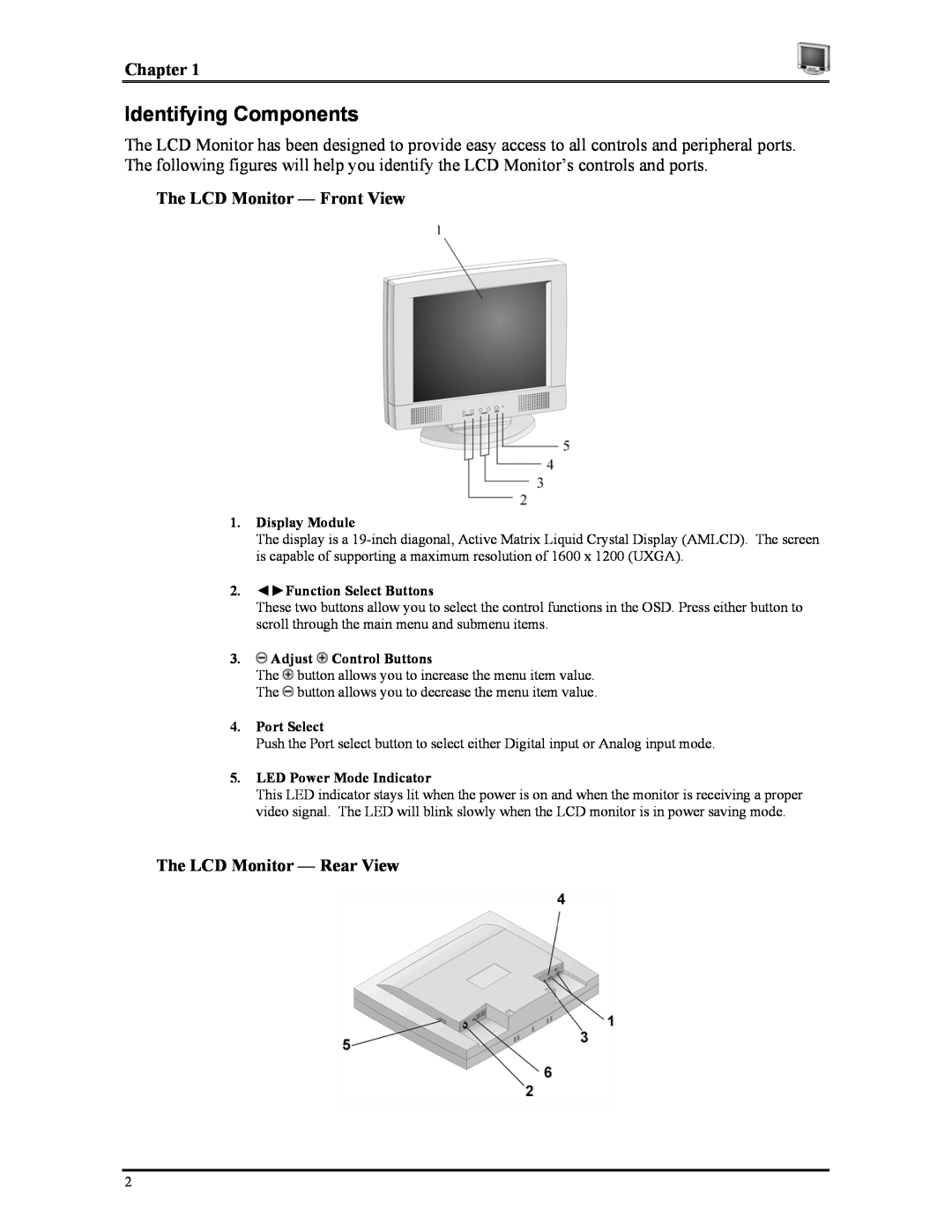 Planar CT1905S Identifying Components, Chapter, The LCD Monitor - Front View, The LCD Monitor - Rear View, Display Module 