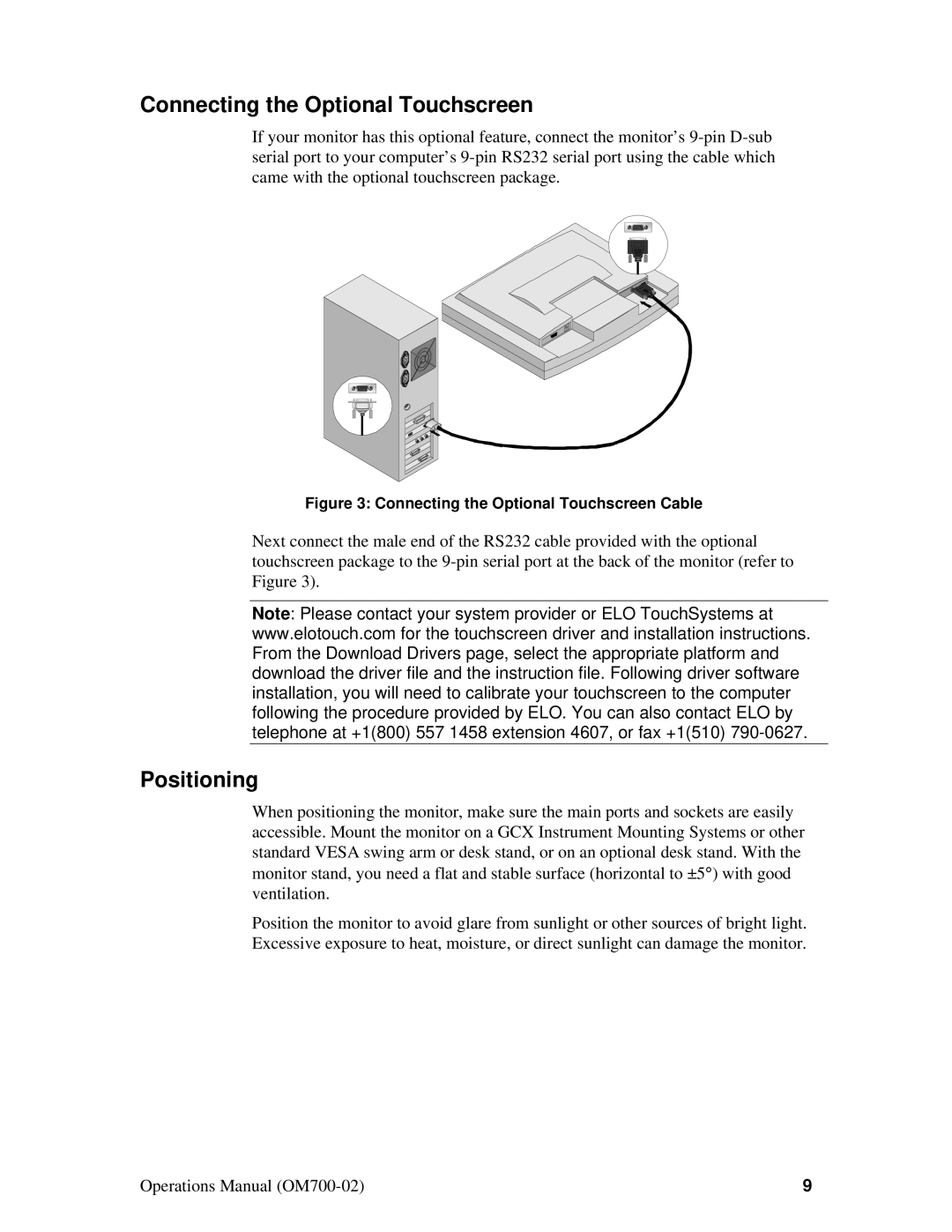 Planar D6015TM manual Connecting the Optional Touchscreen, Positioning 