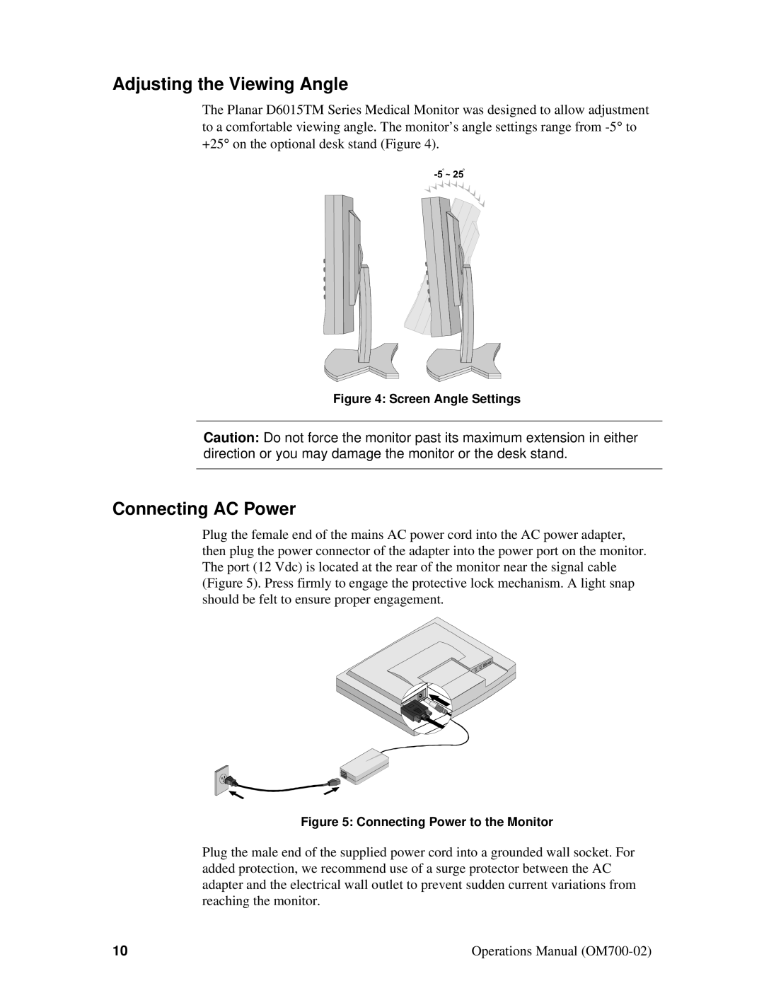 Planar D6015TM manual Adjusting the Viewing Angle, Connecting AC Power 