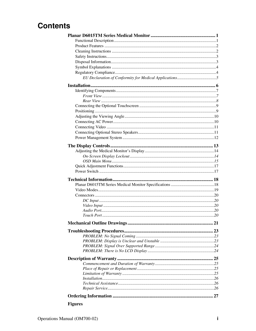 Planar D6015TM manual Contents 