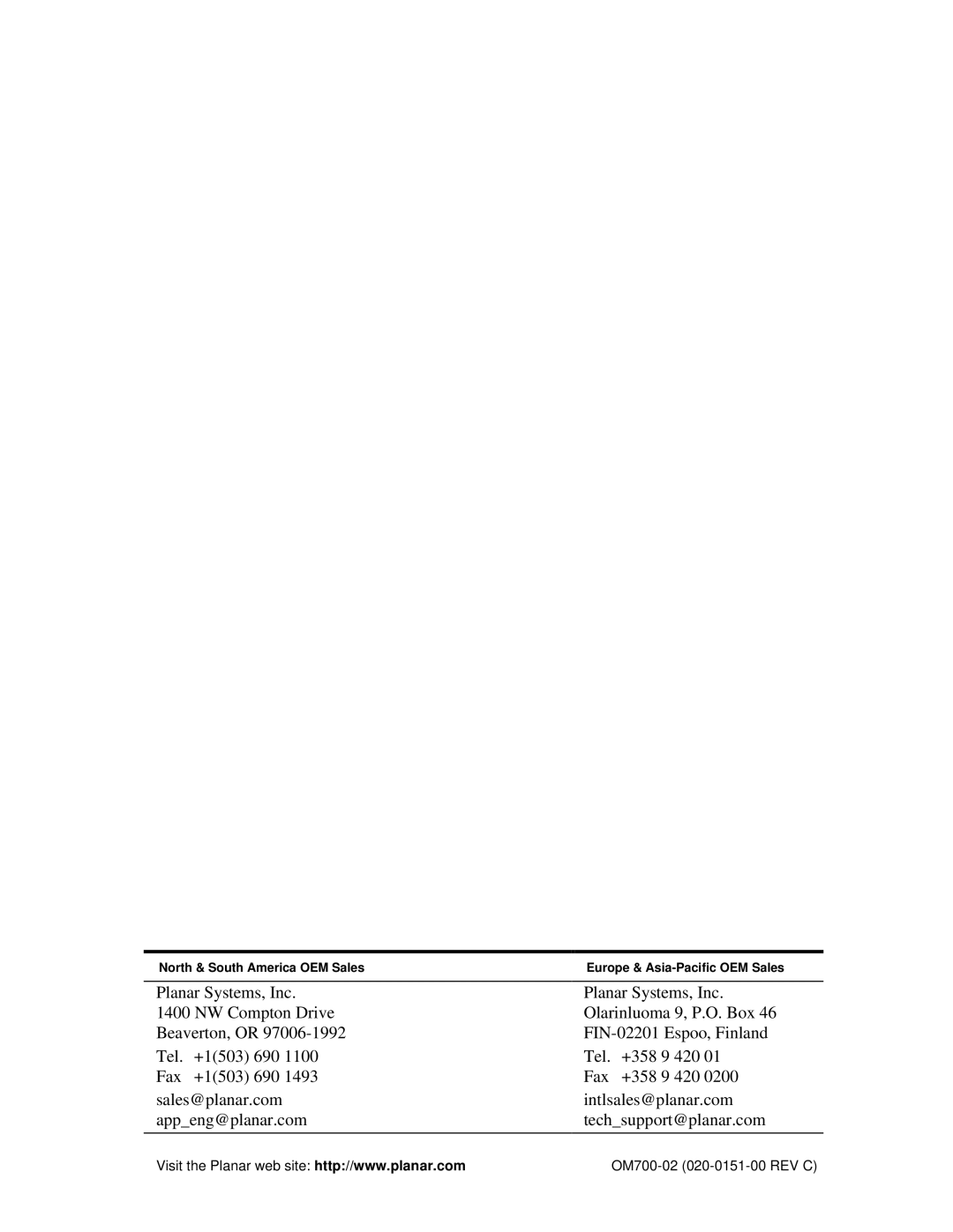 Planar D6015TM manual OM700-02 020-0151-00 REV C 