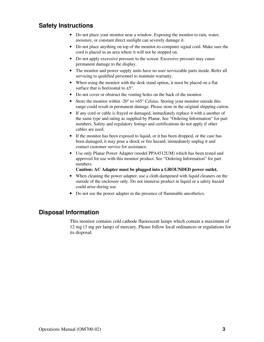 Planar D6015TM manual Safety Instructions, Disposal Information 