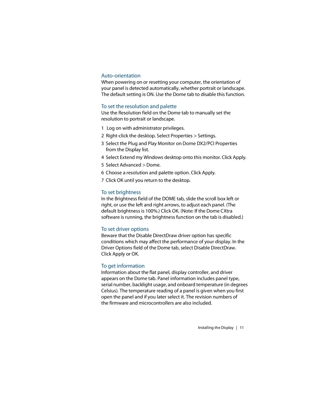 Planar Dome EX manual Auto-orientation, To set the resolution and palette, To set brightness, To set driver options 