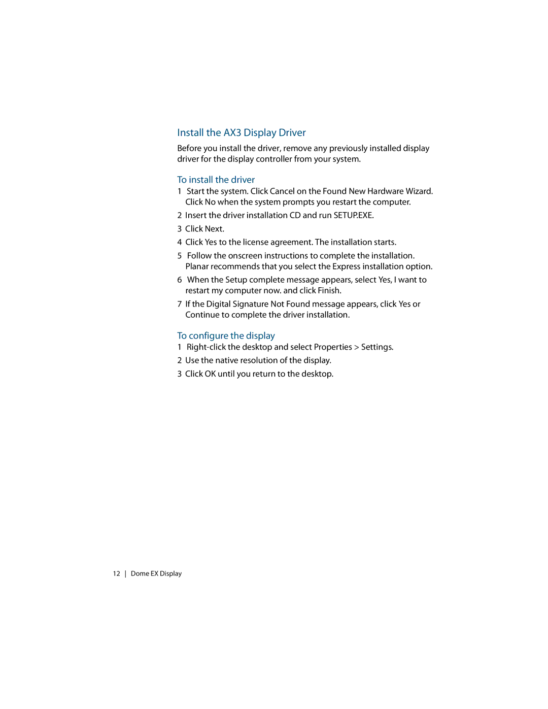 Planar Dome EX manual Install the AX3 Display Driver, To configure the display 