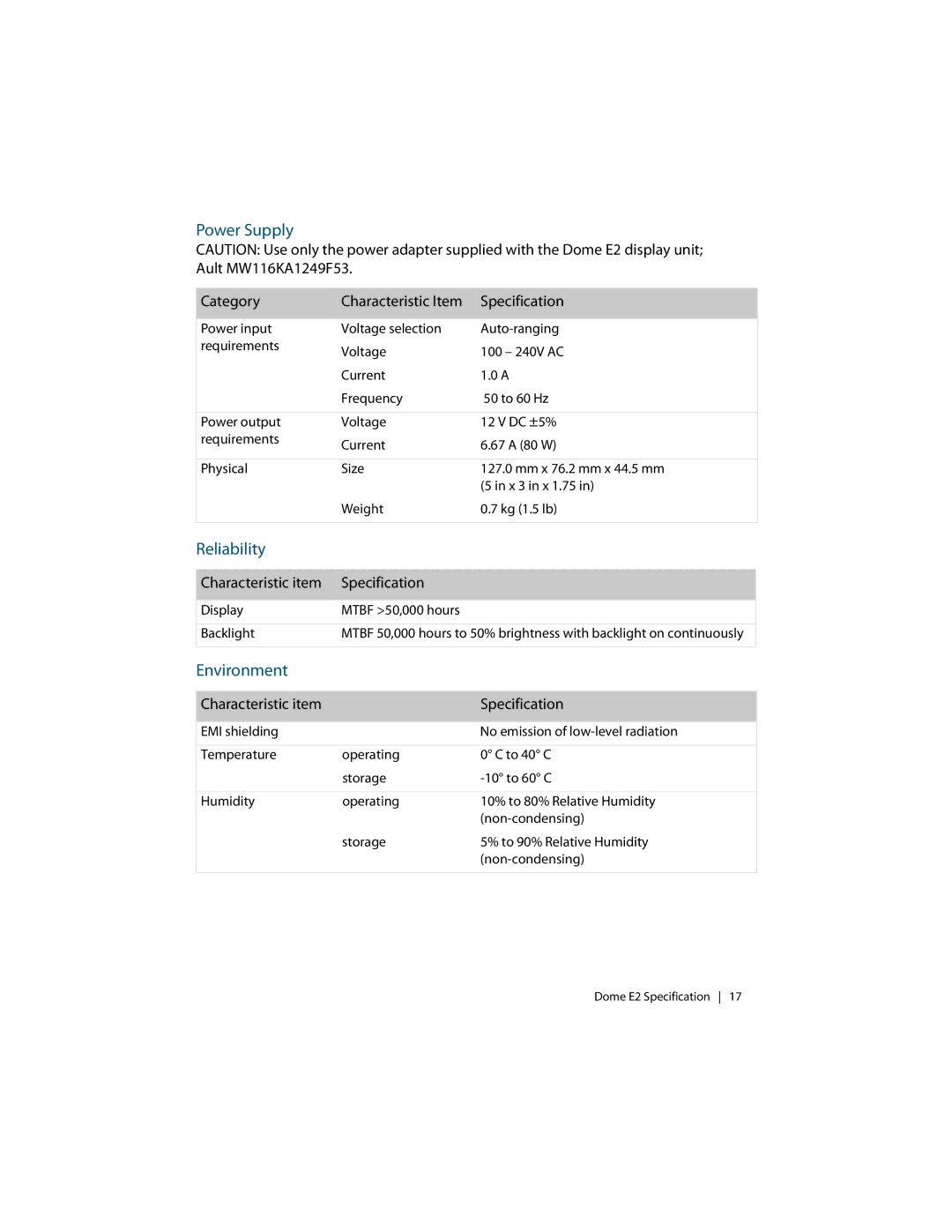 Planar Dome EX manual Power Supply, Reliability, Environment 