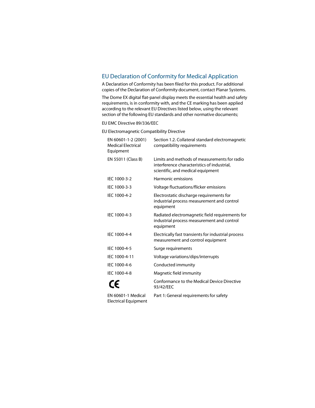 Planar E2c Display manual EU Declaration of Conformity for Medical Application 