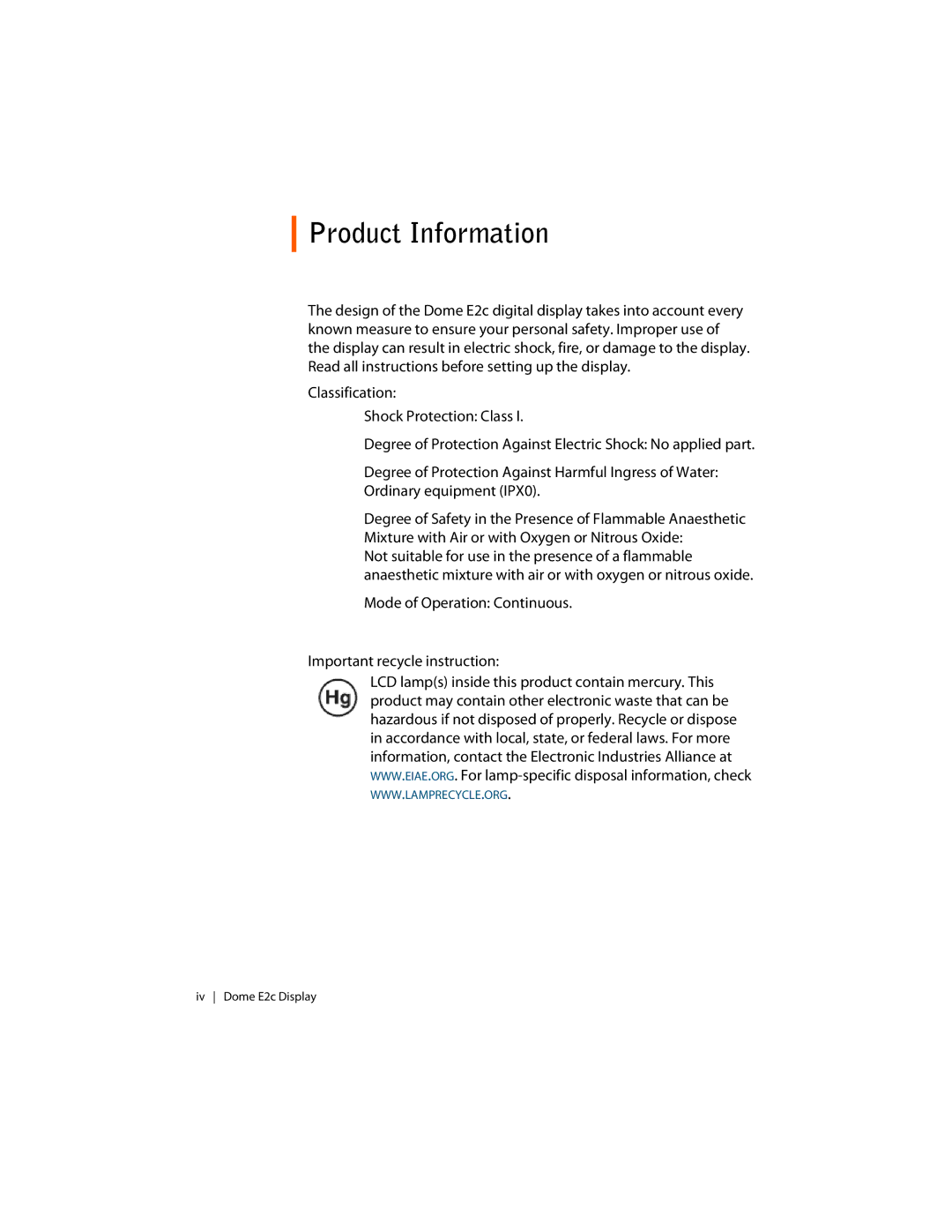 Planar E2c Display manual Product Information 