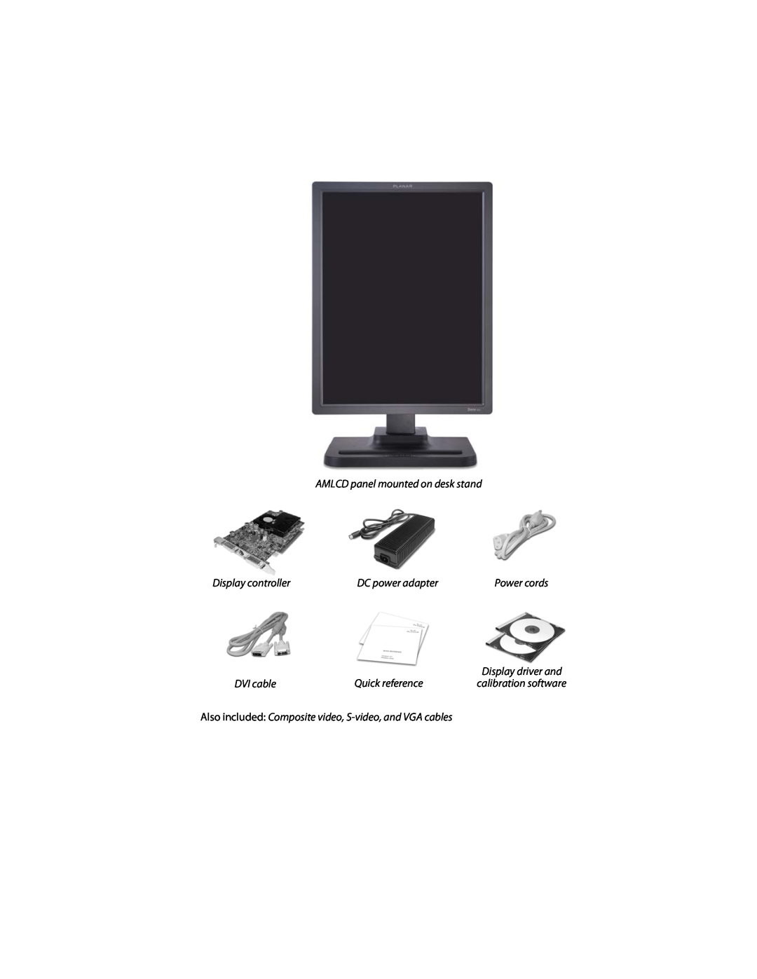 Planar E2c Display AMLCD panel mounted on desk stand, Display controller, DC power adapter, Quick reference, DVI cable 