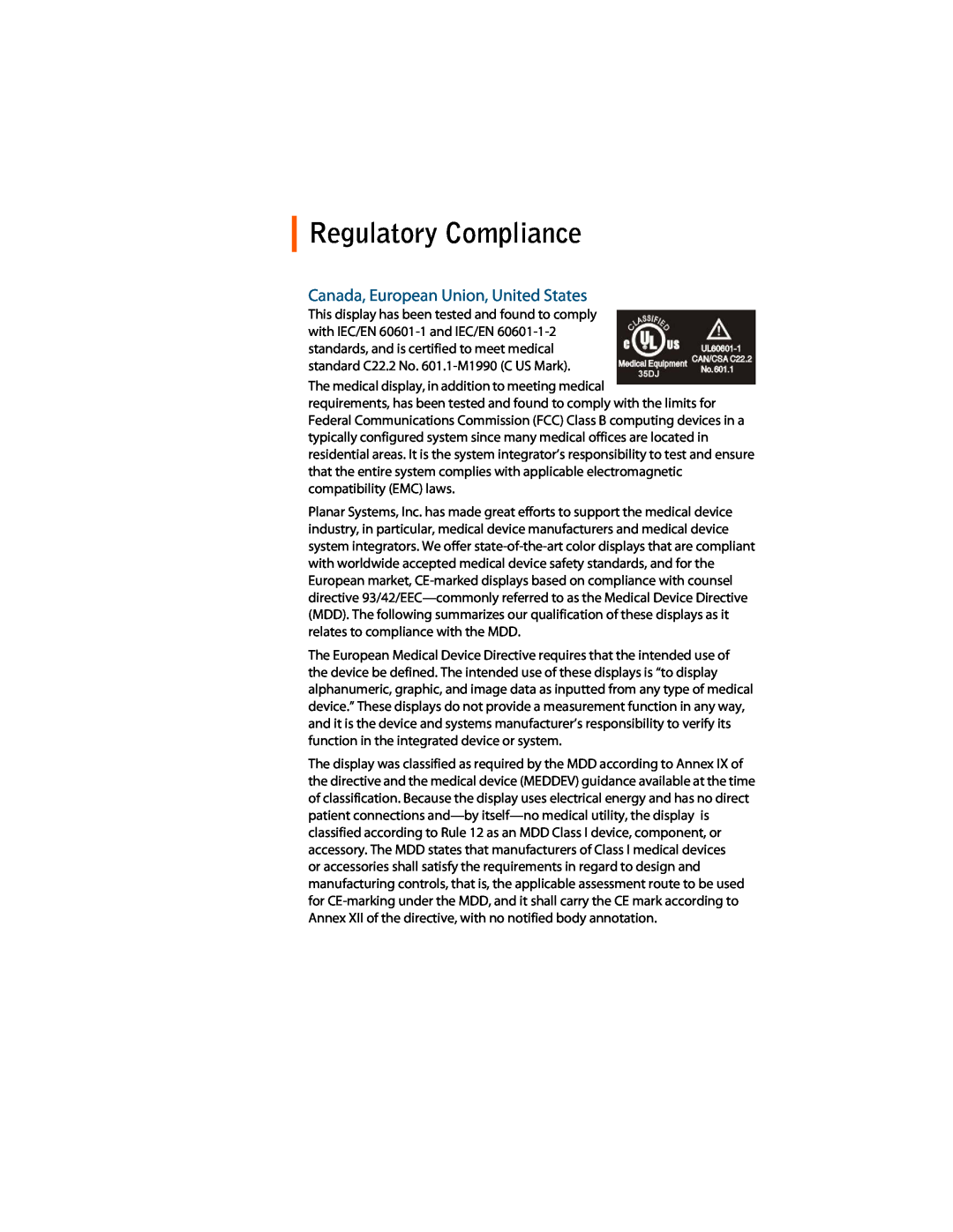 Planar E2c Display manual Regulatory Compliance, Canada, European Union, United States 