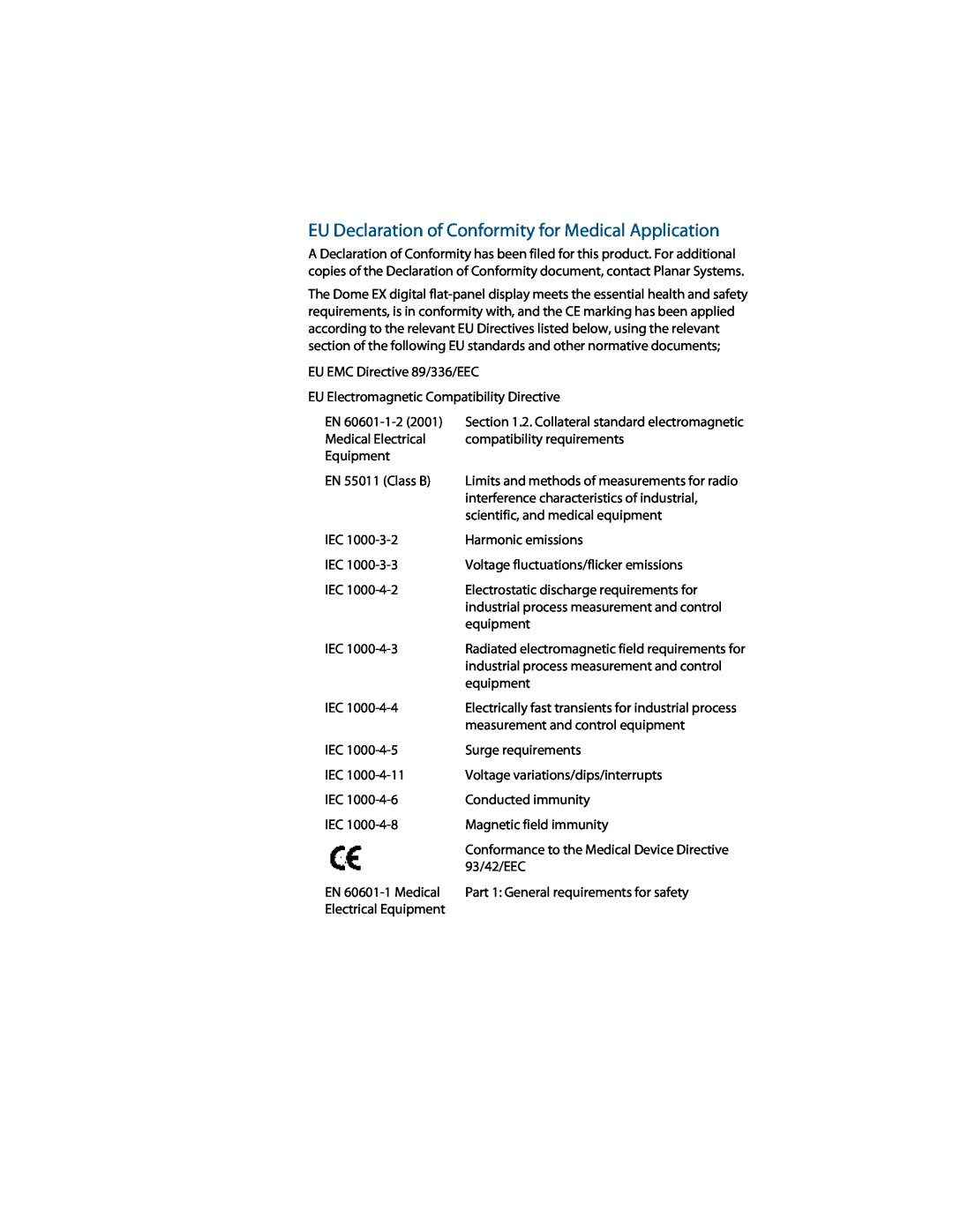 Planar E2c Display manual EU Declaration of Conformity for Medical Application 