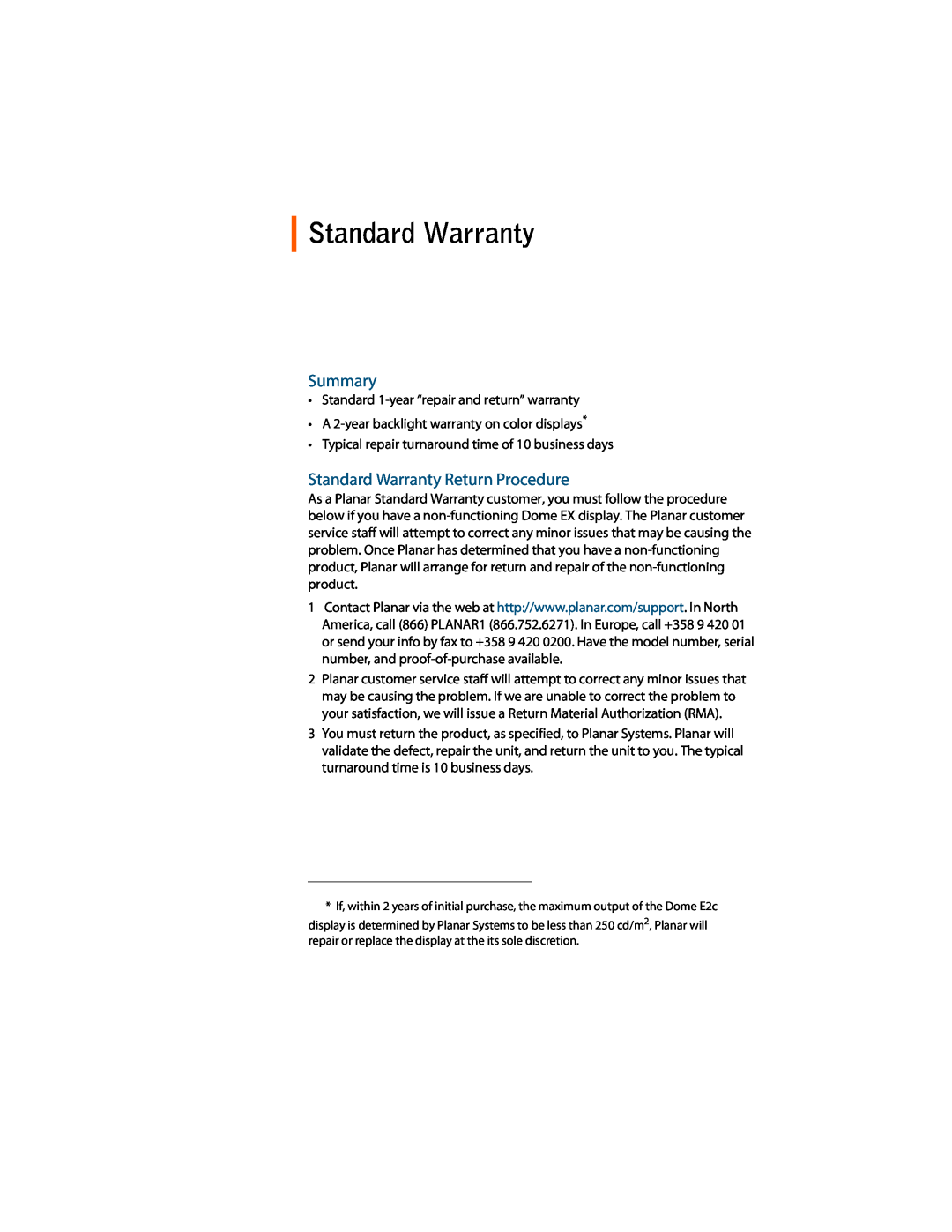Planar E2c Display manual Summary, Standard Warranty Return Procedure 