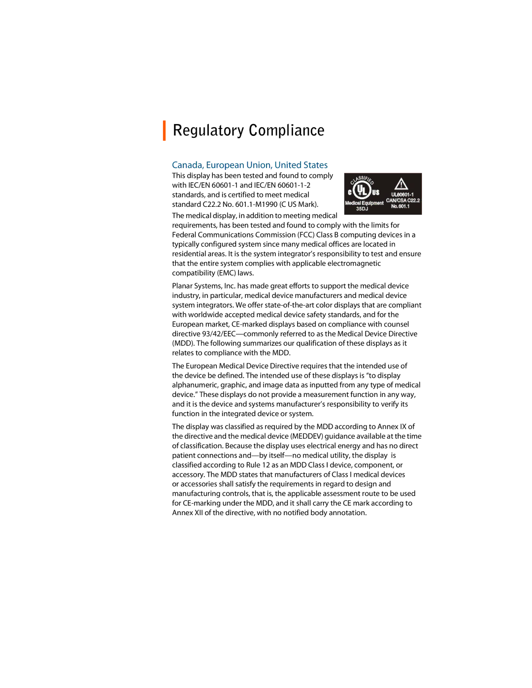 Planar E2C manual Regulatory Compliance, Canada, European Union, United States 