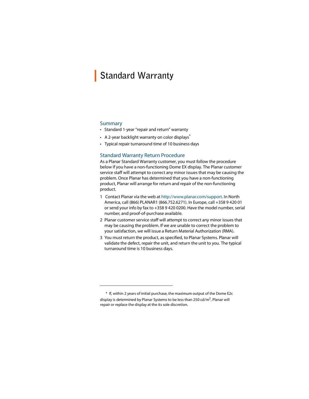 Planar E2C manual Summary, Standard Warranty Return Procedure 