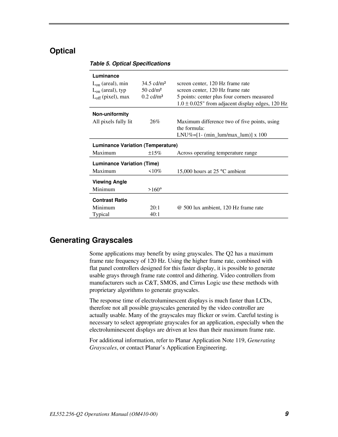 Planar EL552.256-Q2 manual Generating Grayscales, Optical Specifications 