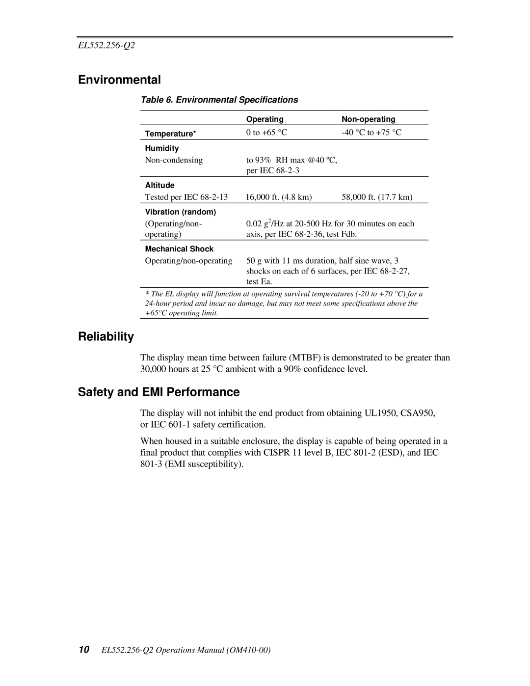 Planar EL552.256-Q2 manual Reliability, Safety and EMI Performance, Environmental Specifications 