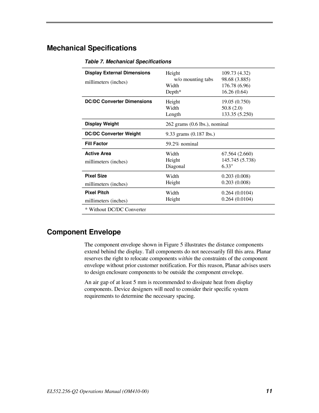 Planar EL552.256-Q2 manual Mechanical Specifications, Component Envelope 