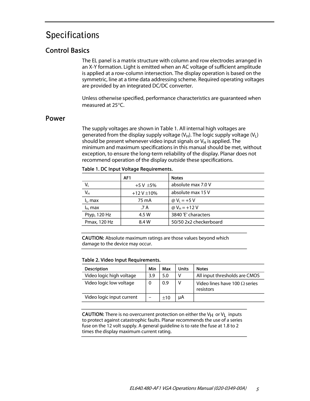 Planar EL640.480-AF1 Specifications, Control Basics, Power, DC Input Voltage Requirements, Video Input Requirements 