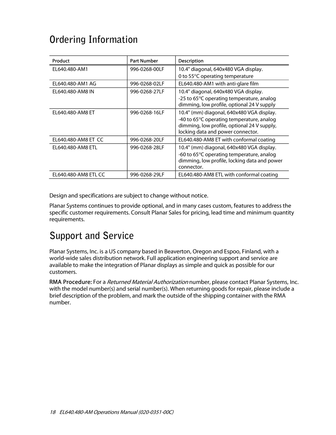 Planar EL640.480-AM user manual Ordering Information, Support and Service 