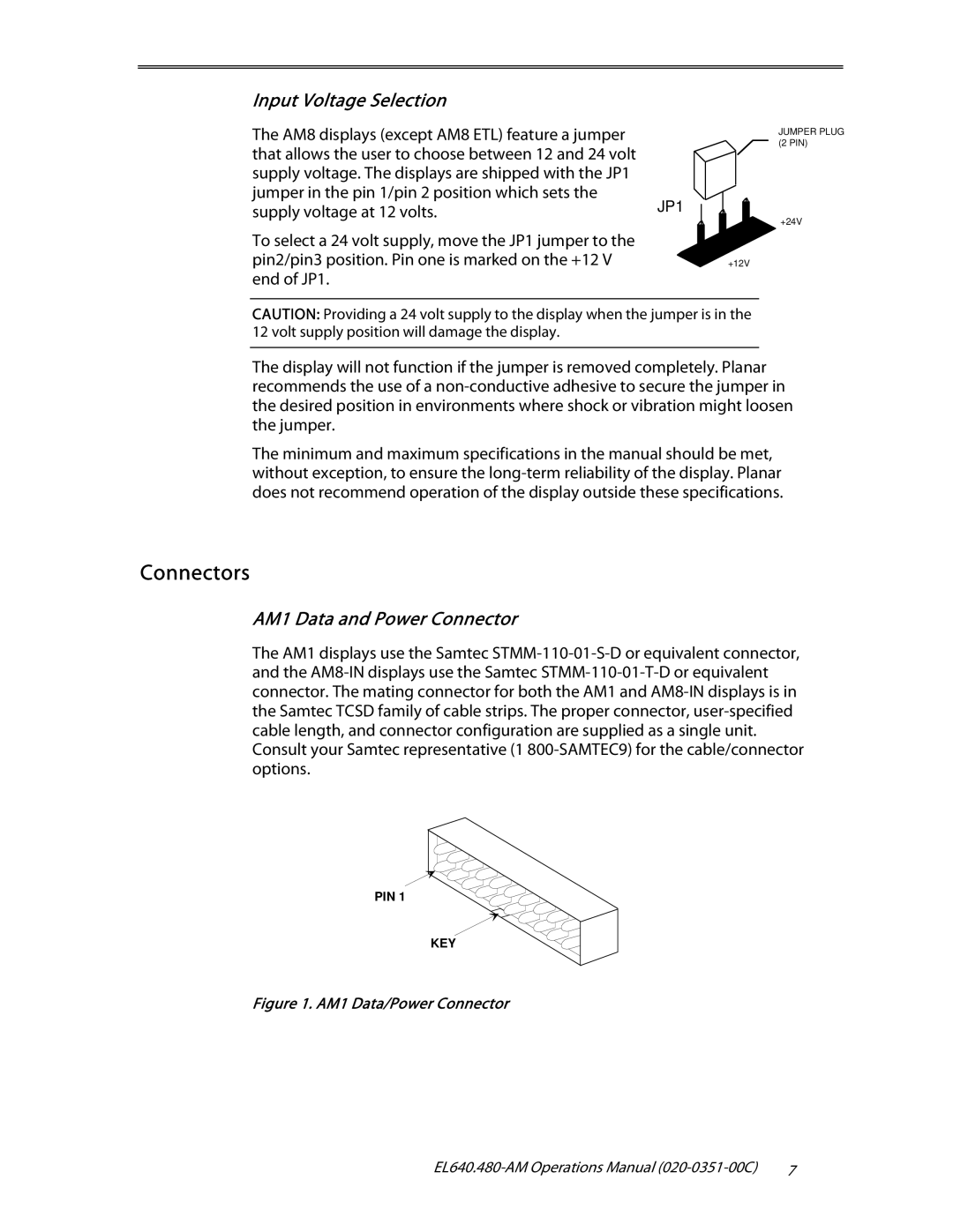 Planar EL640.480-AM user manual Connectors, Input Voltage Selection, AM1 Data and Power Connector 