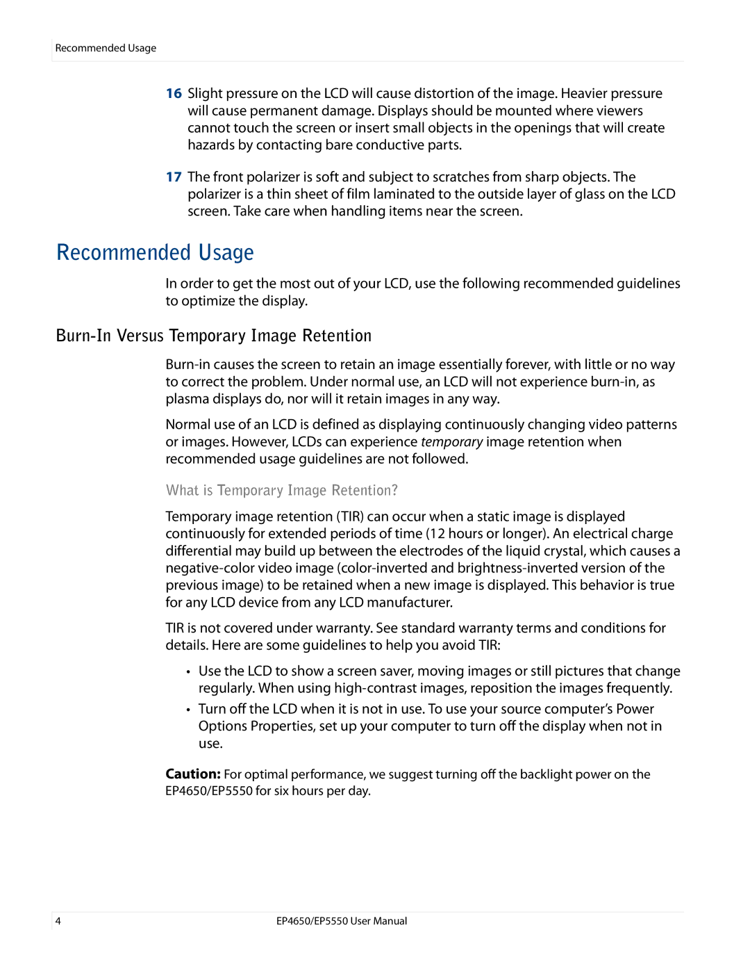 Planar EP4650, EP5550 manual Recommended Usage, Burn-In Versus Temporary Image Retention, What is Temporary Image Retention? 