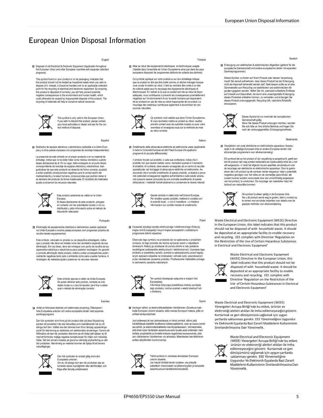 Planar EP5550, EP4650 manual European Union Disposal Information 