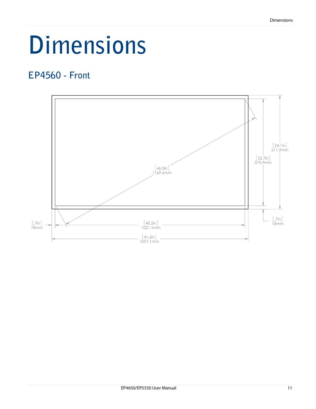 Planar EP5550, EP4650 manual Dimensions, EP4560 Front 