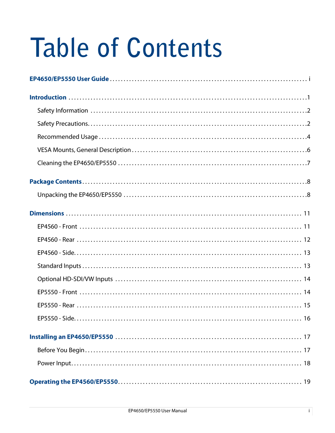 Planar EP5550, EP4650 manual Table of Contents 