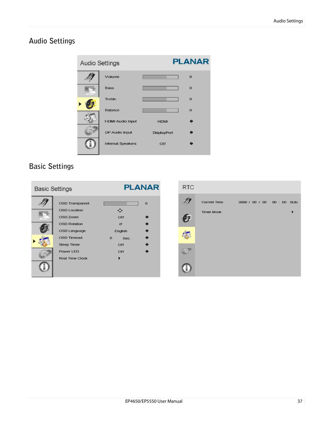 Planar EP5550, EP4650 manual Audio Settings Basic Settings 