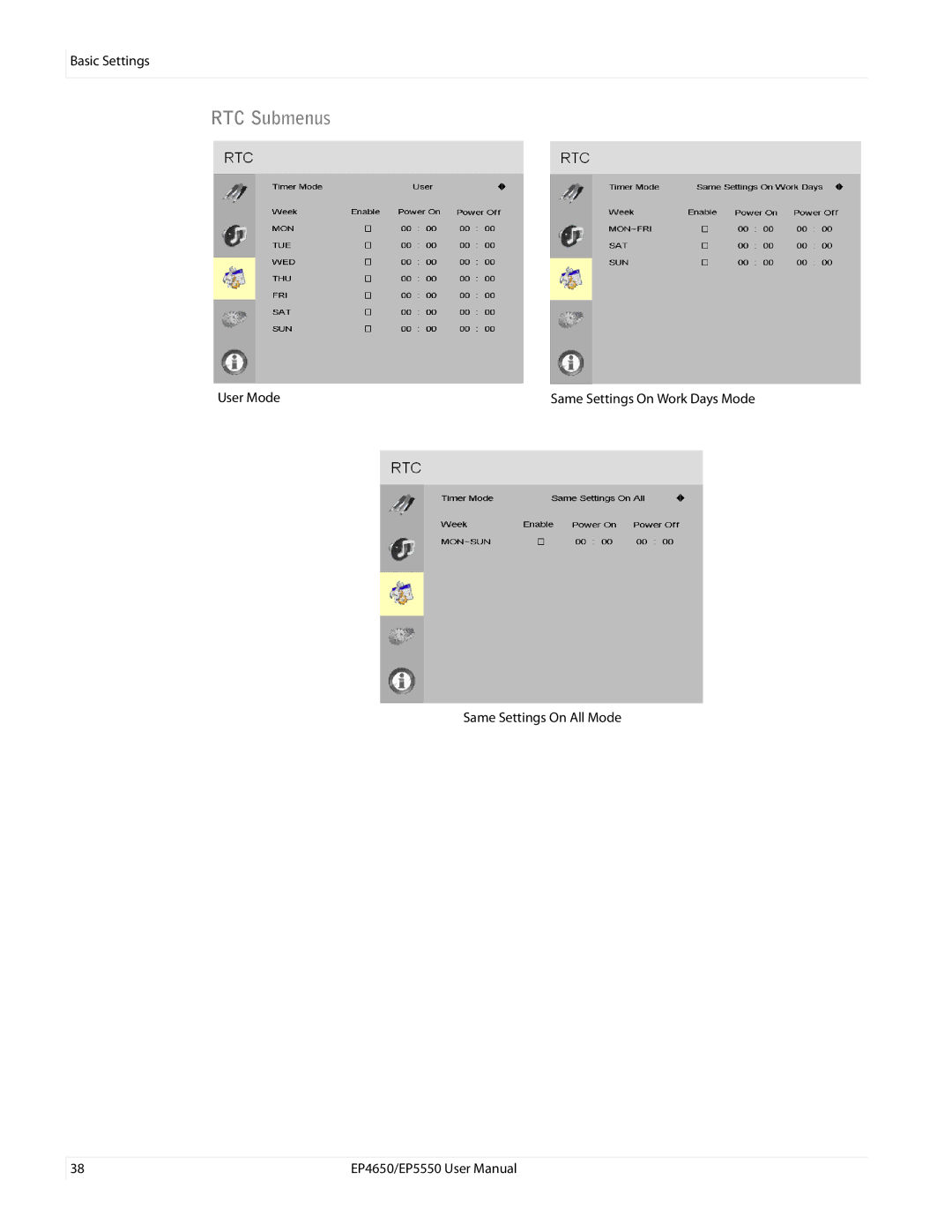 Planar EP4650, EP5550 manual RTC Submenus 