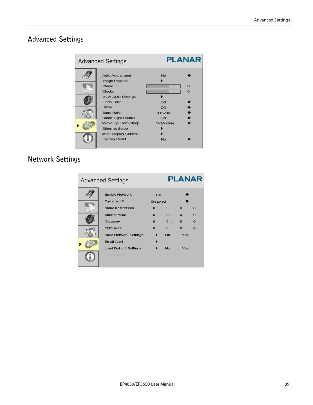 Planar EP5550, EP4650 manual Advanced Settings Network Settings 