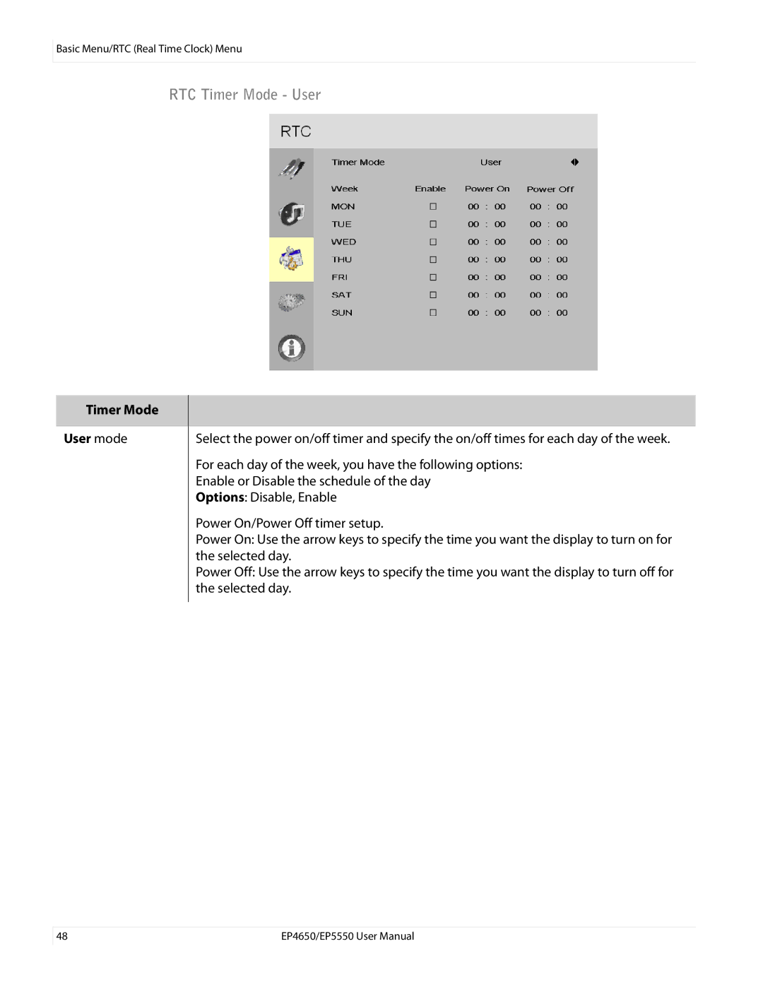 Planar EP4650, EP5550 manual RTC Timer Mode User, Timer Mode User mode 