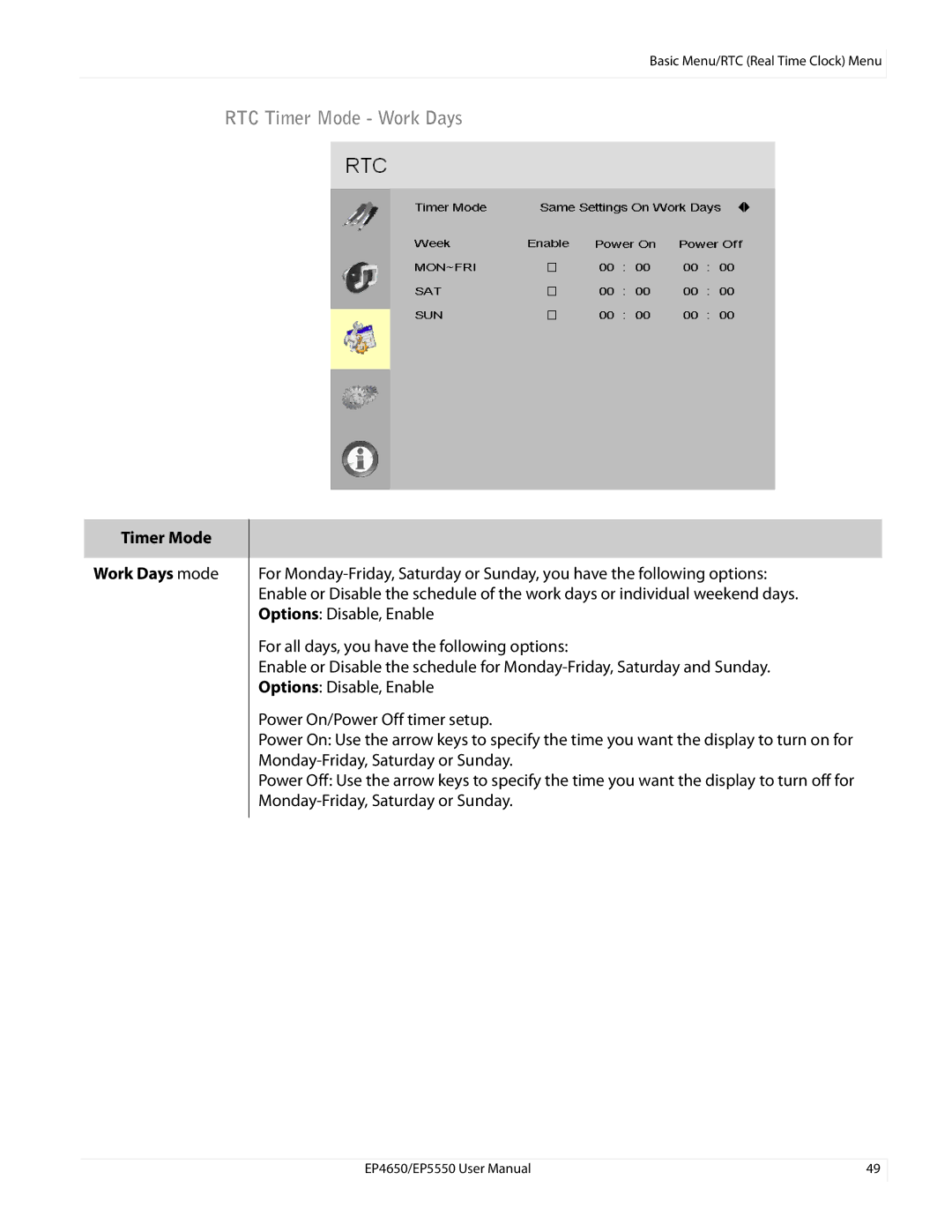 Planar EP5550, EP4650 manual RTC Timer Mode Work Days, Timer Mode Work Days mode 