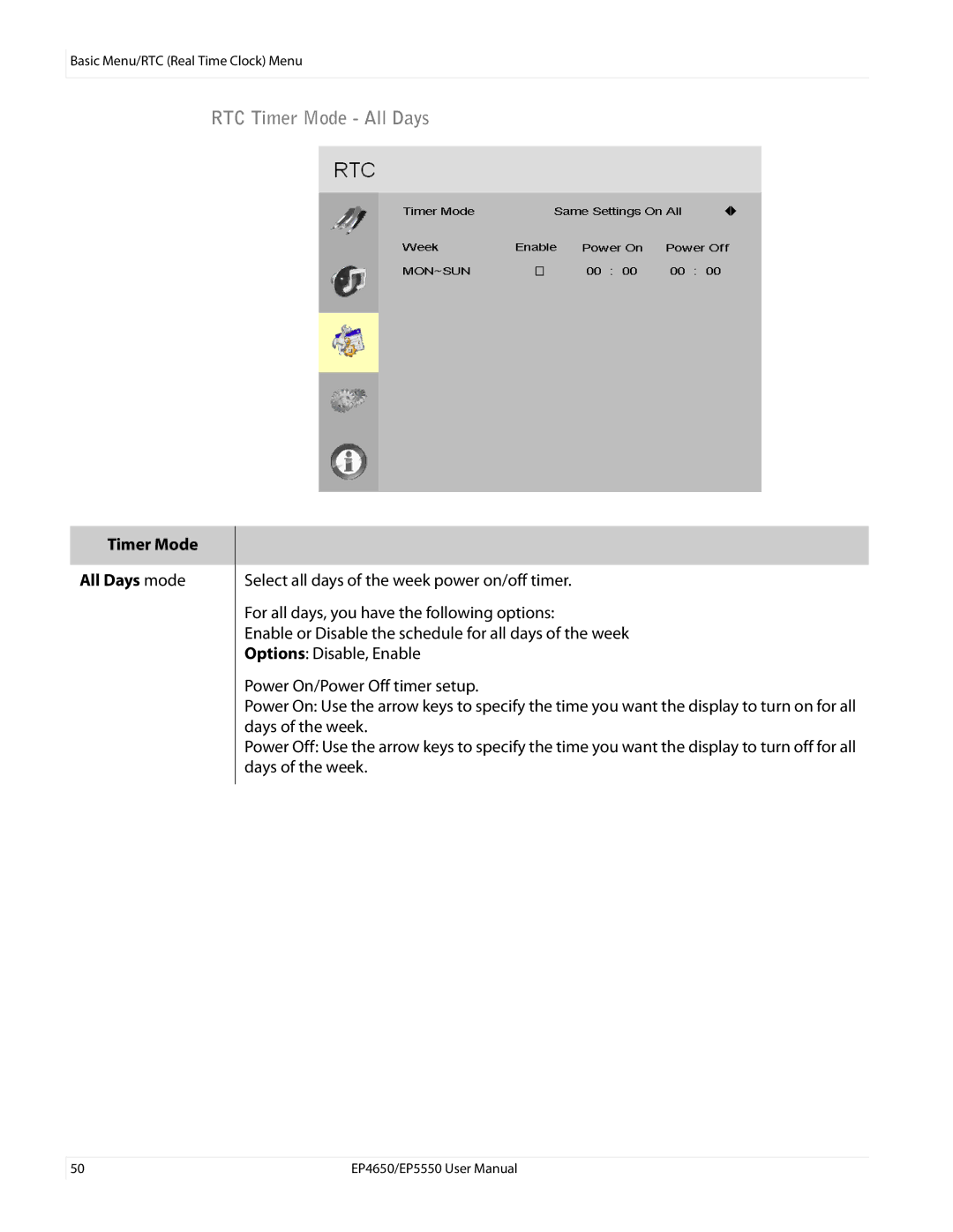 Planar EP4650, EP5550 manual RTC Timer Mode All Days, Timer Mode All Days mode 