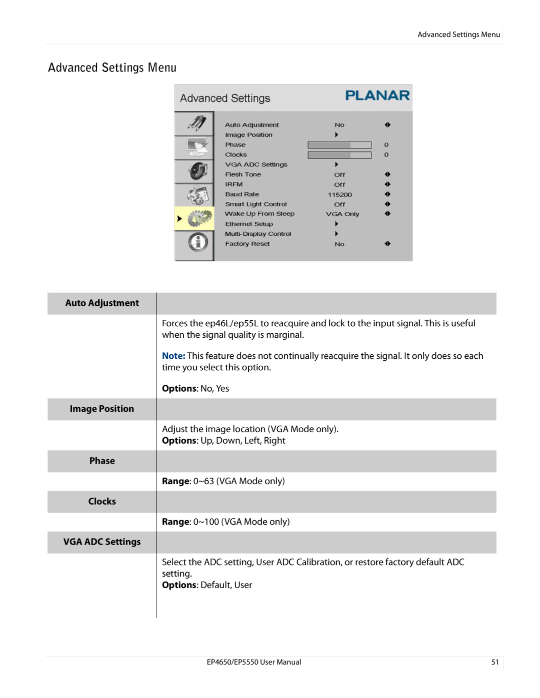 Planar EP5550, EP4650 manual Advanced Settings Menu, Auto Adjustment Image Position Phase Clocks VGA ADC Settings 