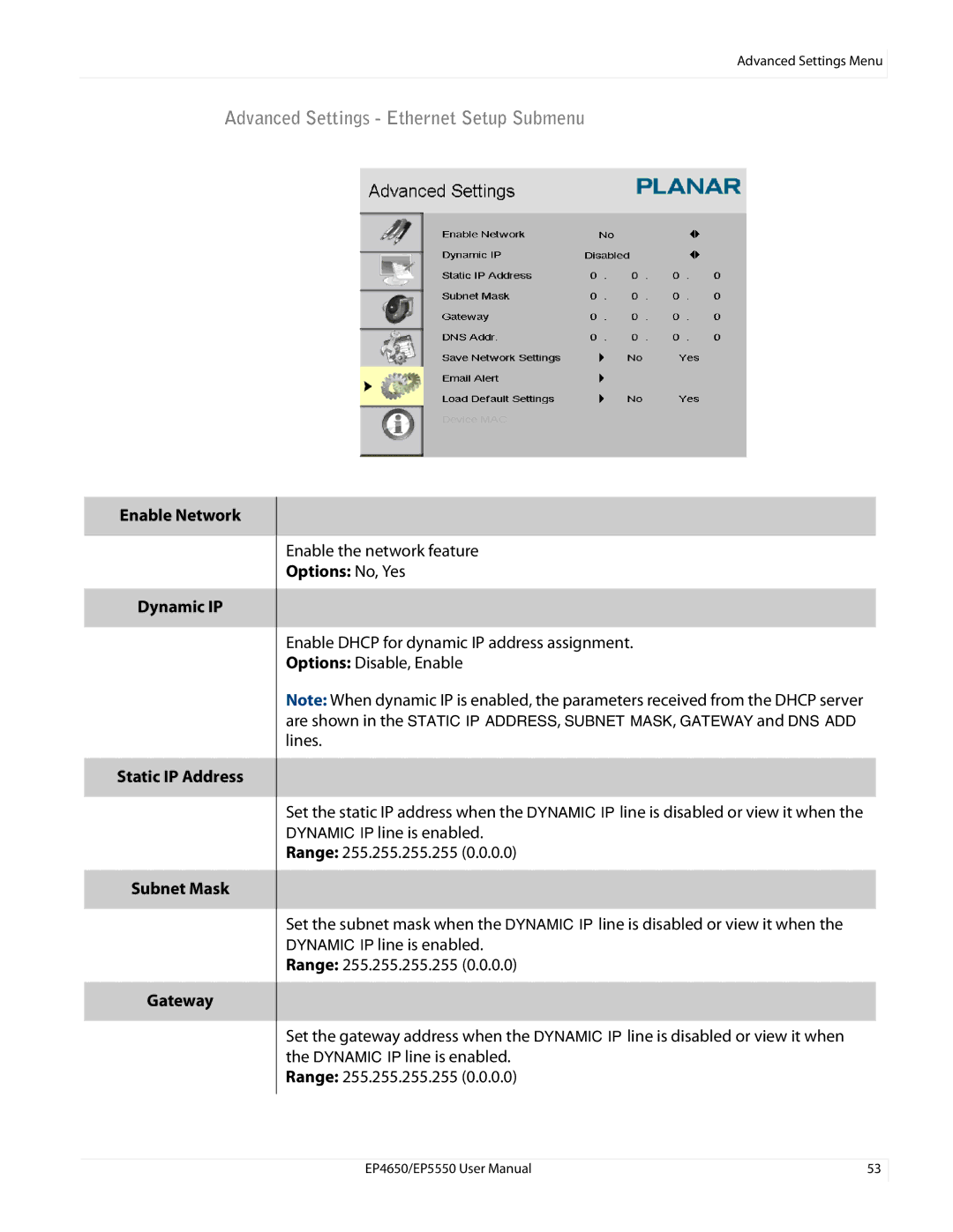 Planar EP5550, EP4650 manual Advanced Settings Ethernet Setup Submenu, Options No, Yes 