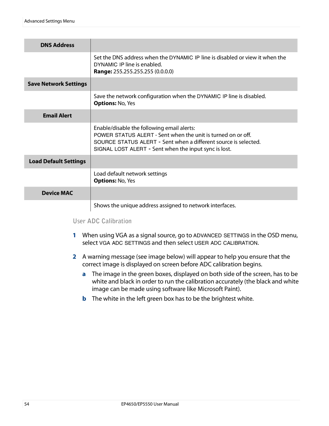 Planar EP4650, EP5550 manual User ADC Calibration 