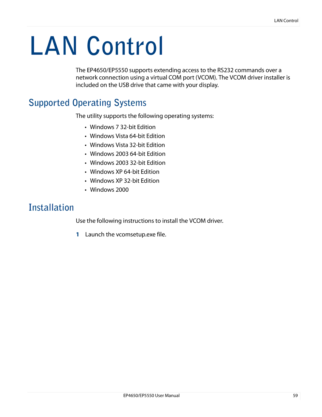 Planar EP5550, EP4650 manual LAN Control, Supported Operating Systems, Installation 