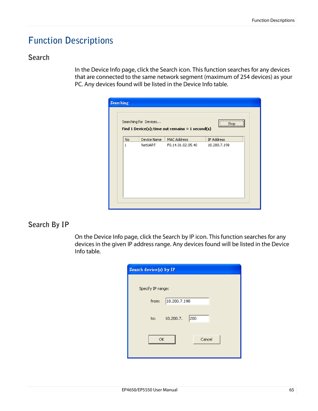 Planar EP5550, EP4650 manual Function Descriptions, Search By IP 