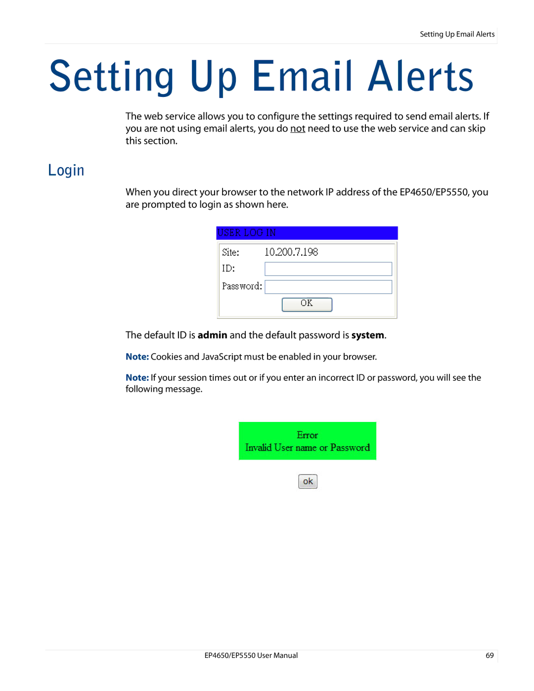 Planar EP5550, EP4650 manual Setting Up Email Alerts, Login 