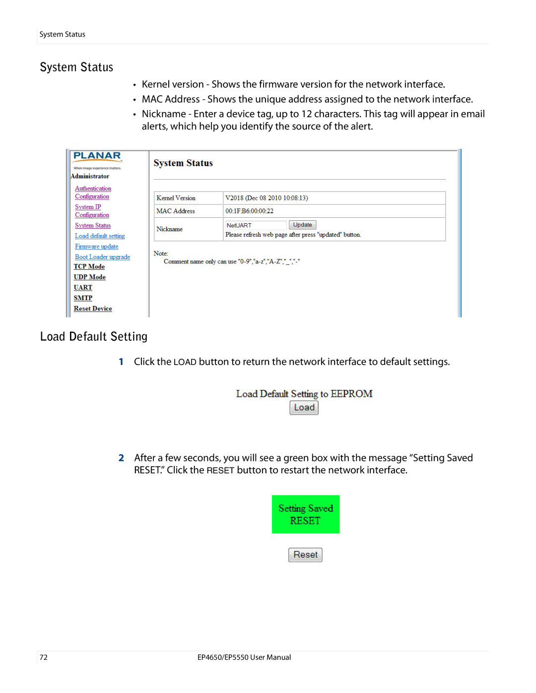 Planar EP4650, EP5550 manual System Status, Load Default Setting 