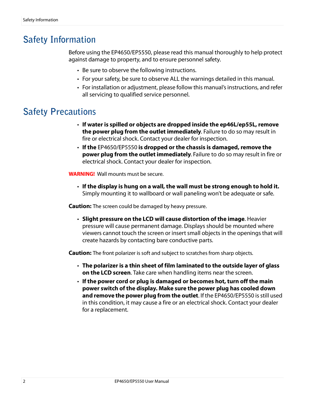 Planar EP4650, EP5550 manual Safety Information, Safety Precautions 