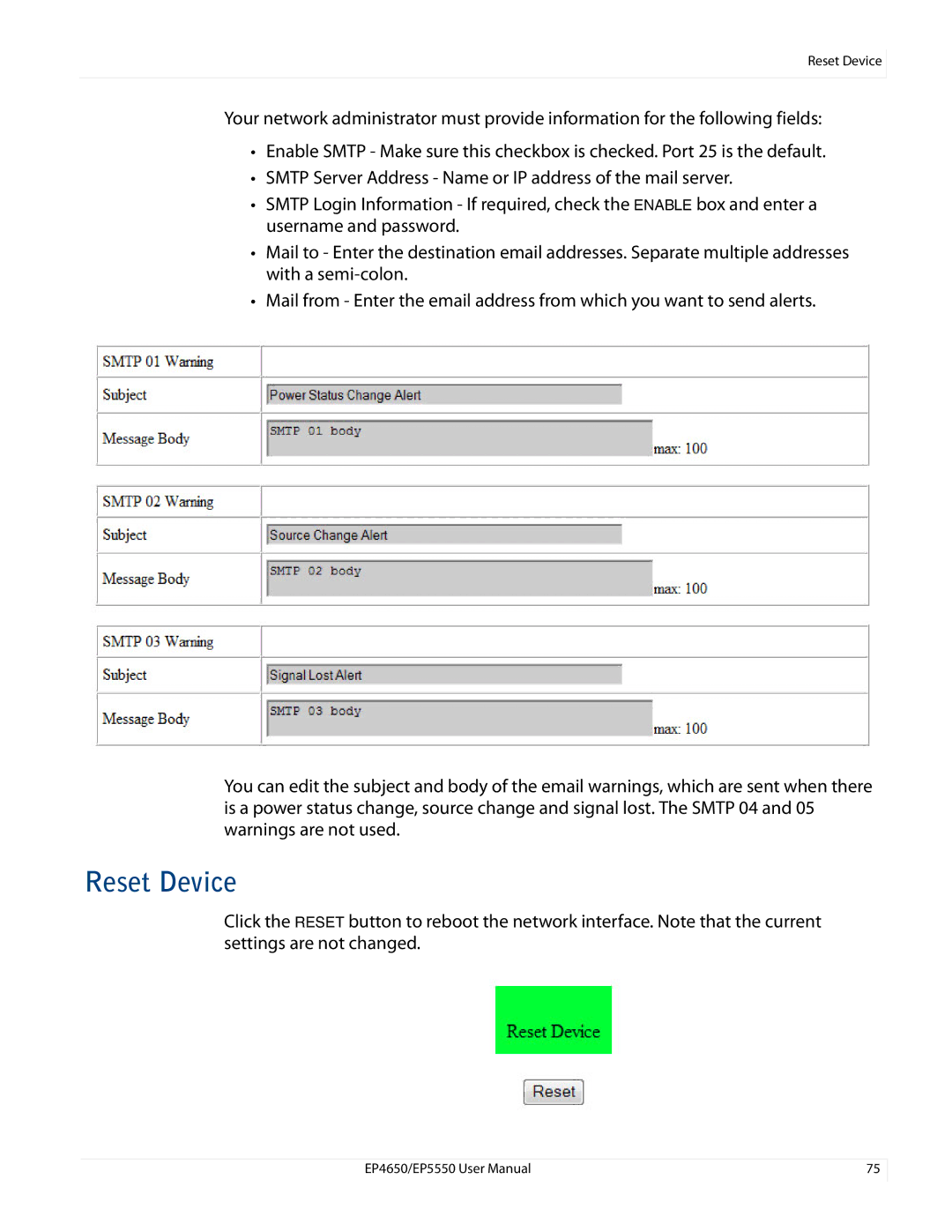 Planar EP5550, EP4650 manual Reset Device 