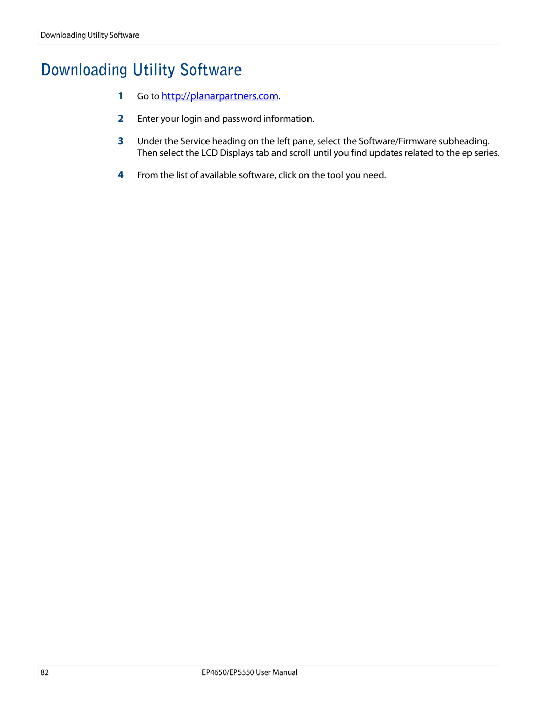 Planar EP4650, EP5550 manual Downloading Utility Software, Enter your login and password information 