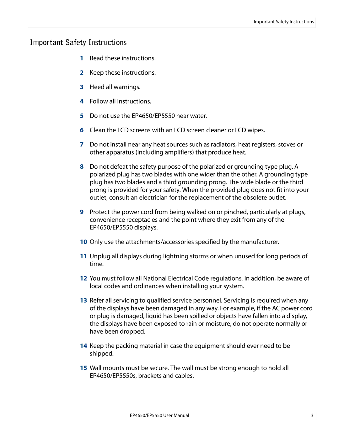 Planar EP5550, EP4650 manual Important Safety Instructions 