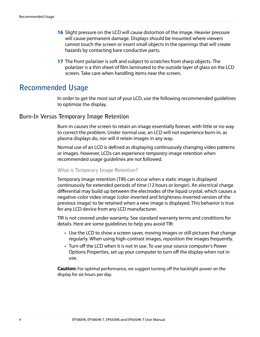 Planar EP6504K/EP6504K-T Recommended Usage, Burn-In Versus Temporary Image Retention, What is Temporary Image Retention? 