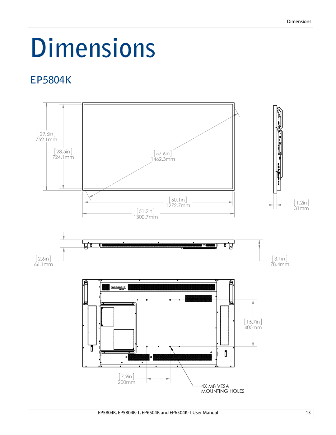 Planar EP5804K/EP5804K-T, EP6504K/EP6504K-T manual Dimensions 