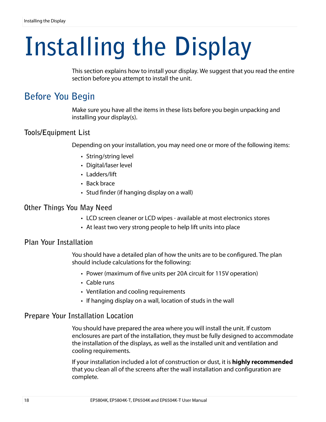 Planar EP6504K/EP6504K-T, EP5804K/EP5804K-T manual Installing the Display, Before You Begin 