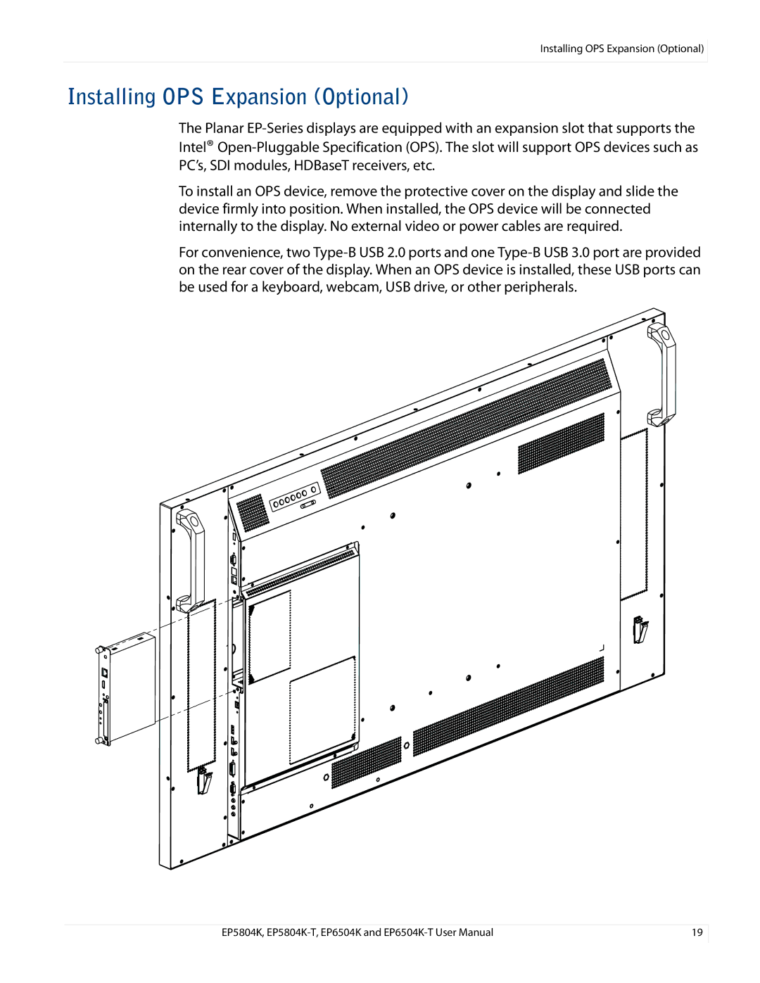 Planar EP5804K/EP5804K-T, EP6504K/EP6504K-T manual Installing OPS Expansion Optional 